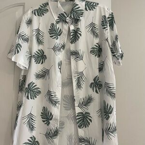 SHEIN White and Green Casual Button Down Shirt with Tropical Leaves